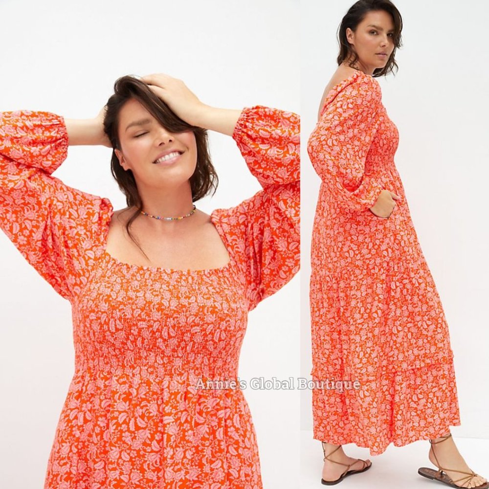 RARE NWT ANTHROPOLOGIE Dolan Smocked Puffed-Sleeves Midi Dress. Size XL - Picture 10 of 16